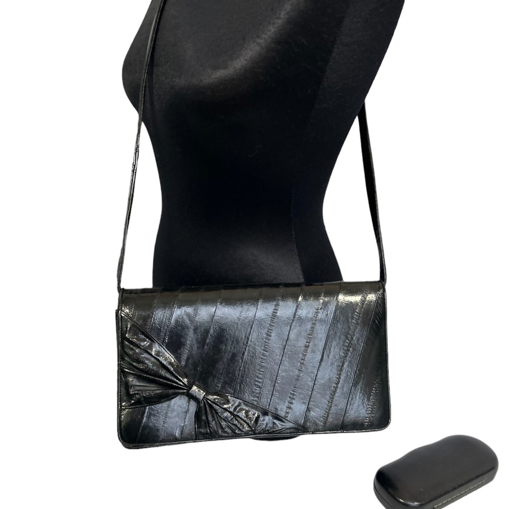 Eel Skin Black Crossbody Or Clutch Bag Purse W/ Bow Vintage
